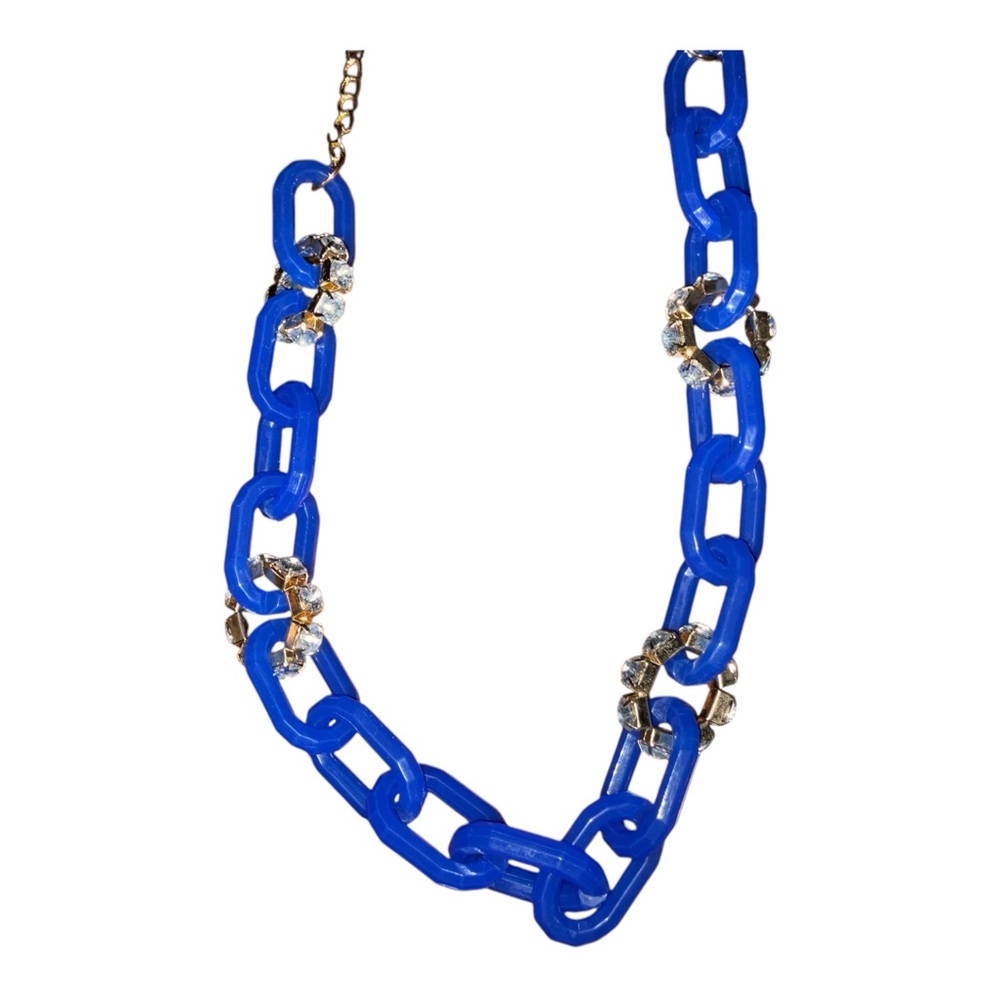Chunky Blue Link Statement Necklace Rhinestone Ac… - image 3